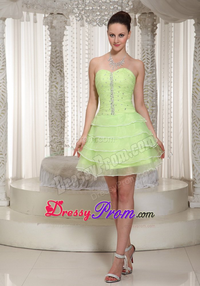 Multi-layer Beaded Prom Cocktail Dress Yellow Green with Lace up Back
