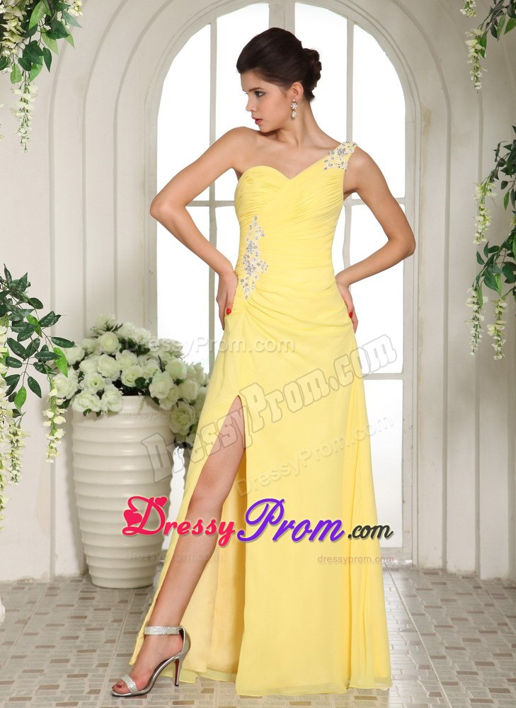 Yellow One Shoulder Prom Party Dress Beading and Ruches with High Slit