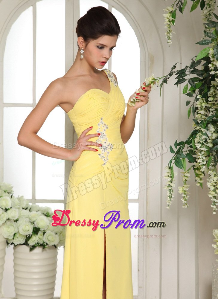 Yellow One Shoulder Prom Party Dress Beading and Ruches with High Slit