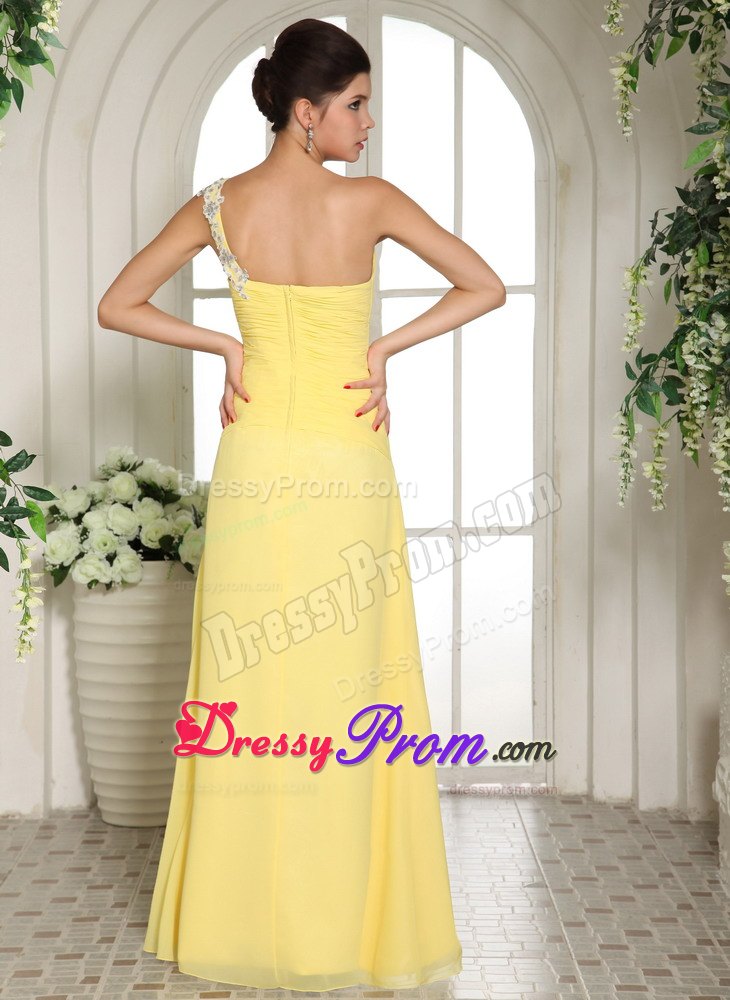 Yellow One Shoulder Prom Party Dress Beading and Ruches with High Slit
