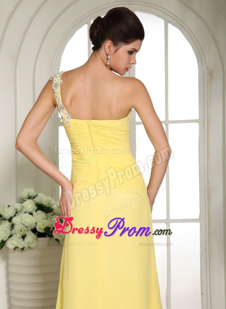 Yellow One Shoulder Prom Party Dress Beading and Ruches with High Slit