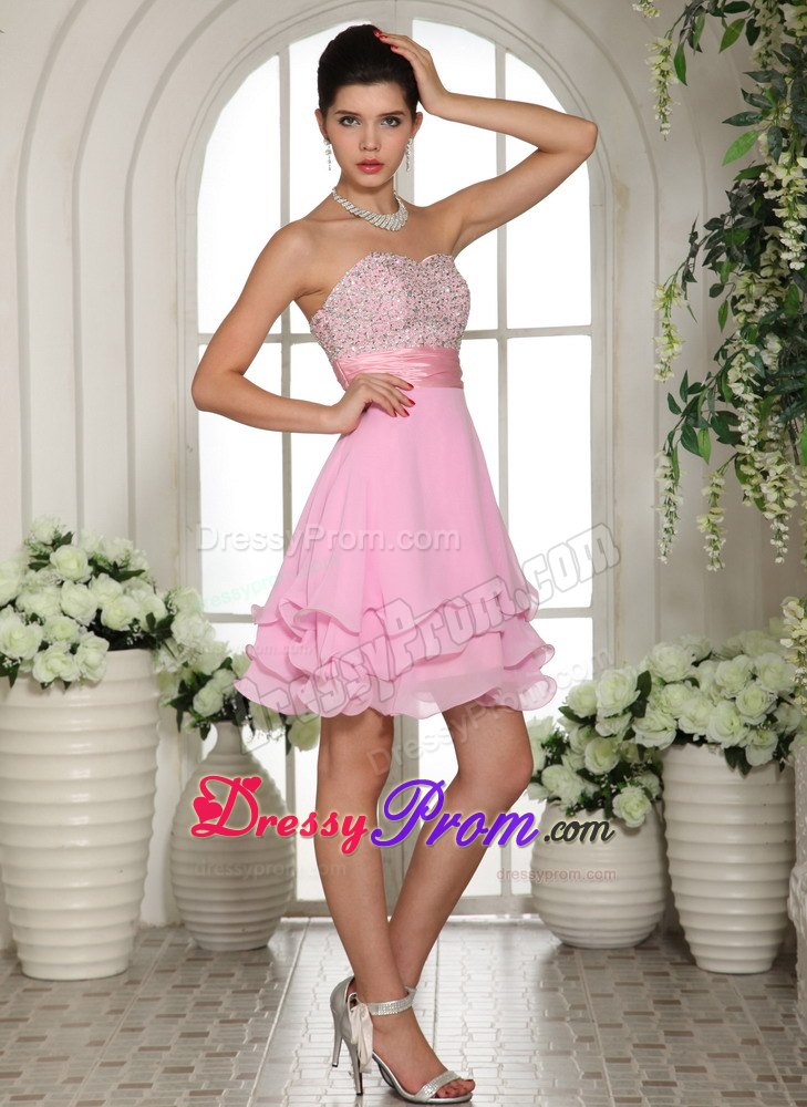 Sweet Pink Multi-layer Chiffon Prom Cocktail Dresses Beaded Sweetheart