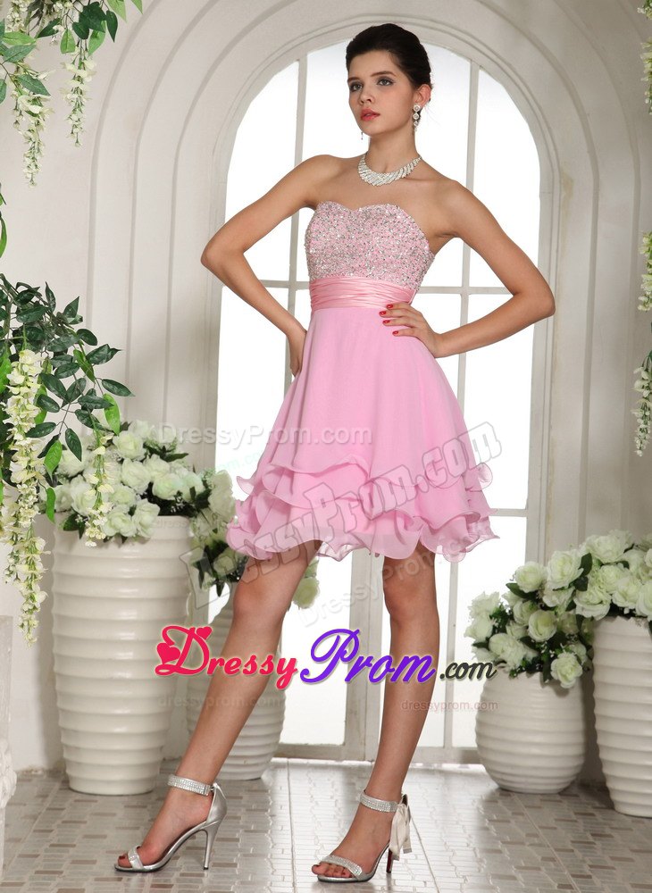 Sweet Pink Multi-layer Chiffon Prom Cocktail Dresses Beaded Sweetheart
