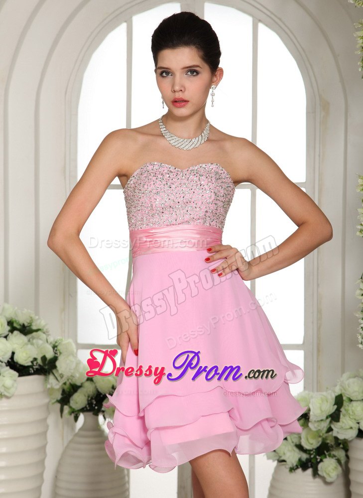 Sweet Pink Multi-layer Chiffon Prom Cocktail Dresses Beaded Sweetheart