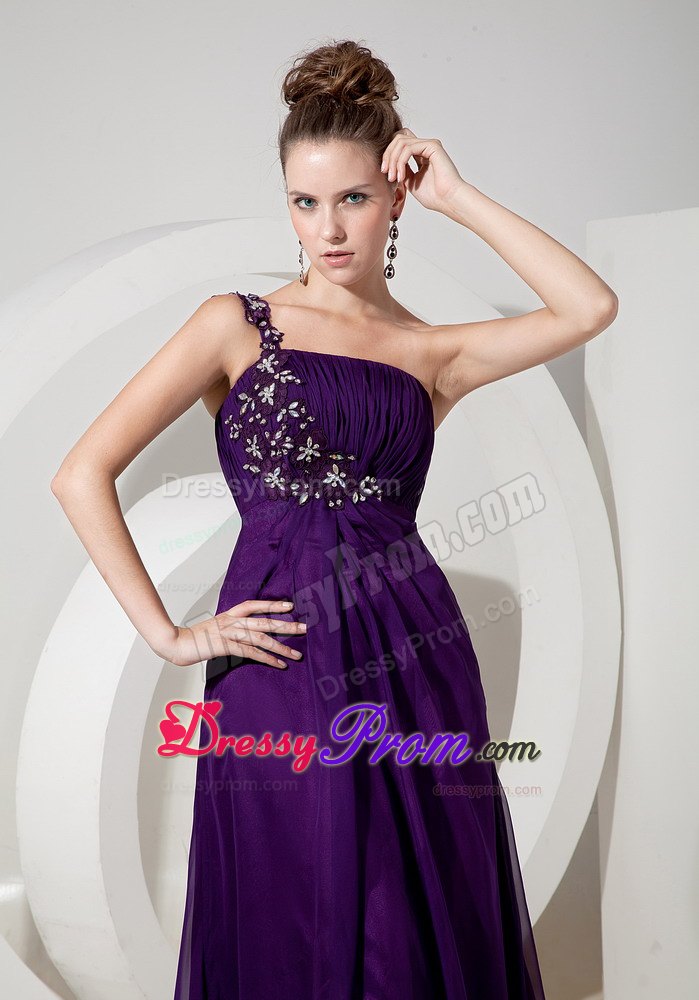 Purple High Slit Prom Evening Dress Appliques One Shoulder Floor-length