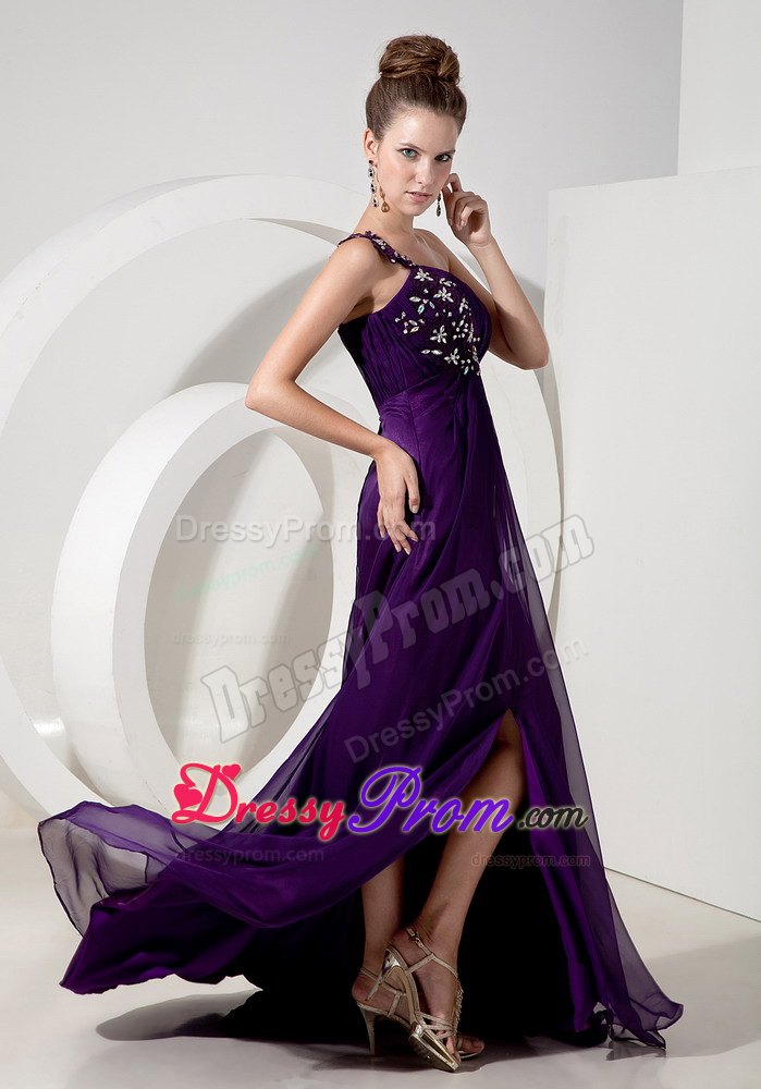 Purple High Slit Prom Evening Dress Appliques One Shoulder Floor-length
