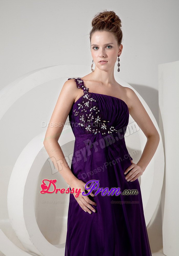 Purple High Slit Prom Evening Dress Appliques One Shoulder Floor-length