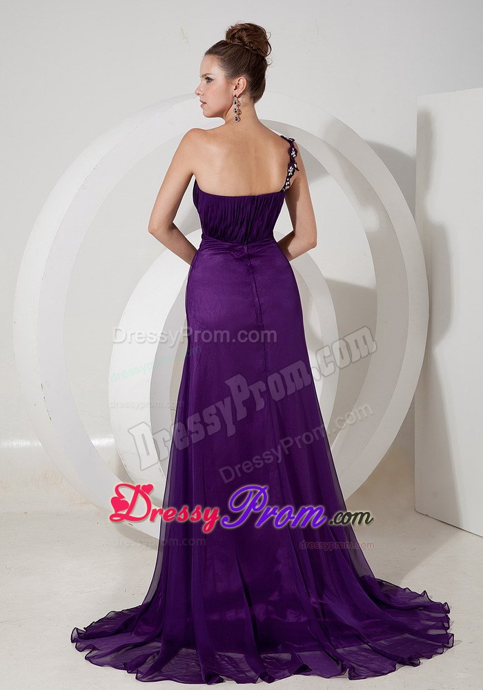 Purple High Slit Prom Evening Dress Appliques One Shoulder Floor-length