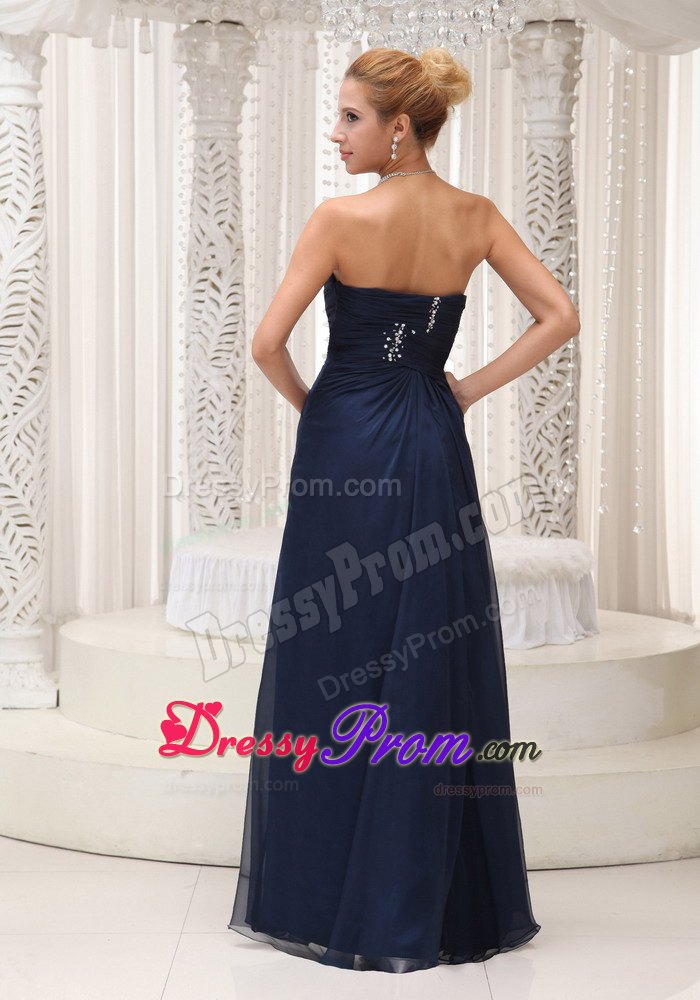 Chiffon Navy Blue Strapless Prom Bridesmaid Dresses Beading and Ruche
