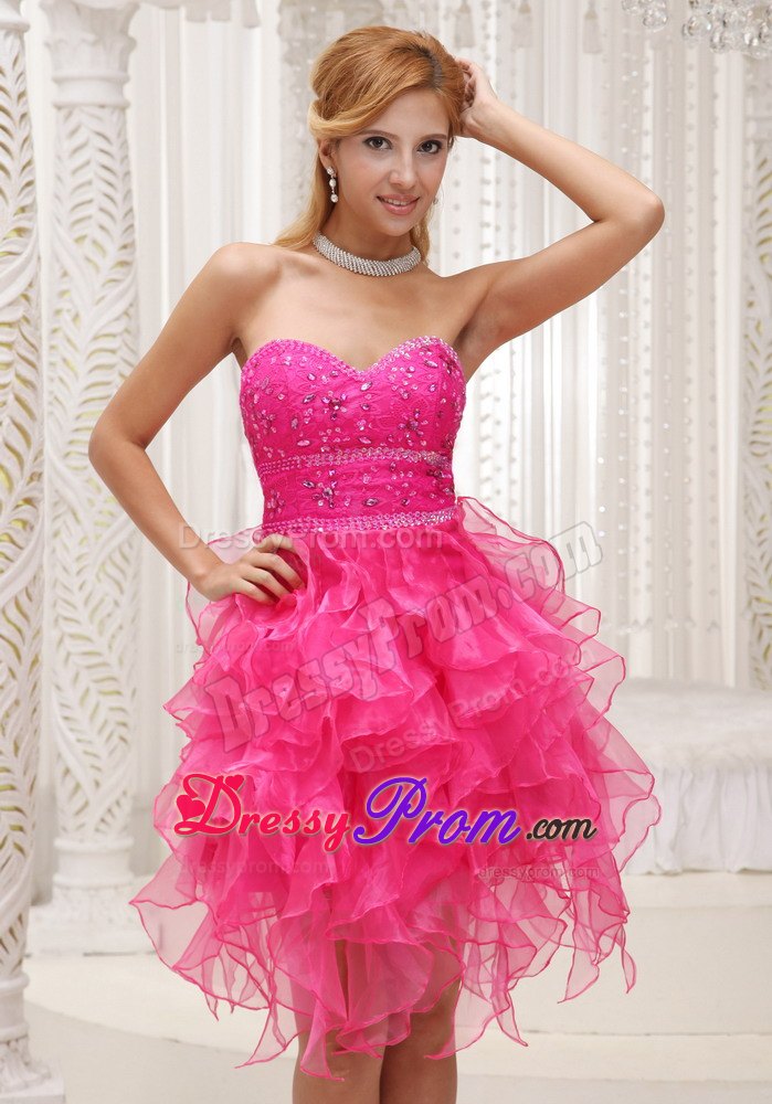 Special High-low Prom Nightclub Dresses Beaded Sweetheart in Hot Pink