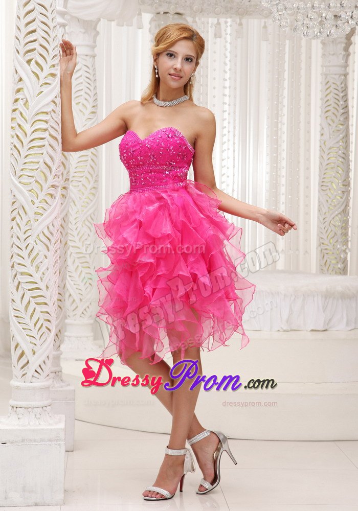 Special High-low Prom Nightclub Dresses Beaded Sweetheart in Hot Pink