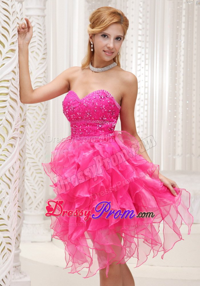 Special High-low Prom Nightclub Dresses Beaded Sweetheart in Hot Pink