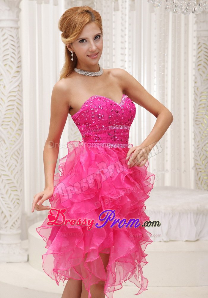 Special High-low Prom Nightclub Dresses Beaded Sweetheart in Hot Pink