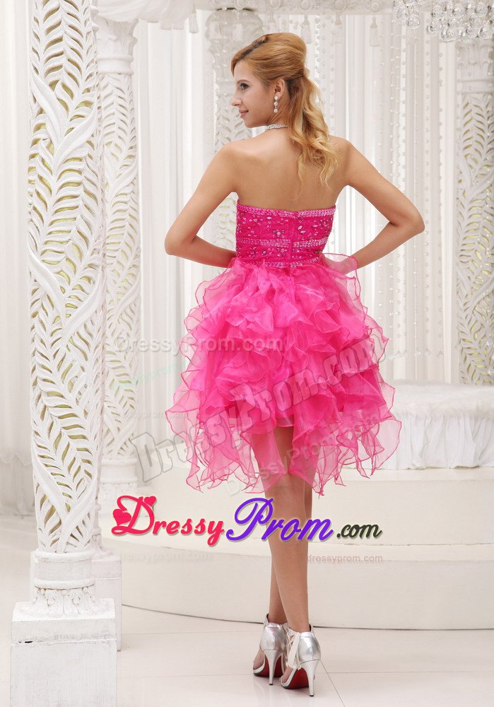 Special High-low Prom Nightclub Dresses Beaded Sweetheart in Hot Pink