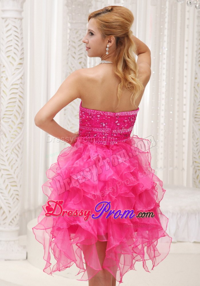 Special High-low Prom Nightclub Dresses Beaded Sweetheart in Hot Pink