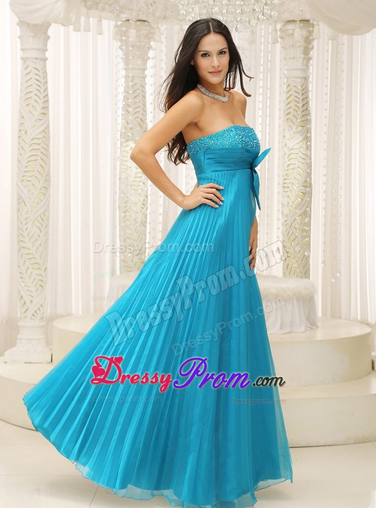 Custom Made Beaded Strapless Prom Dress Pleat with Bow Floor-length