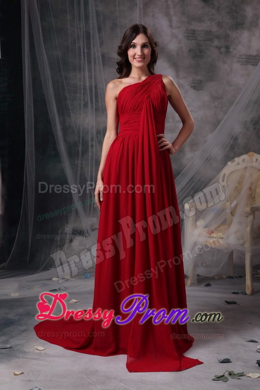 Modern Wine Red One Shoulder Prom Dress Brush Train Chiffon