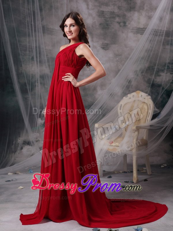 Modern Wine Red One Shoulder Prom Dress Brush Train Chiffon