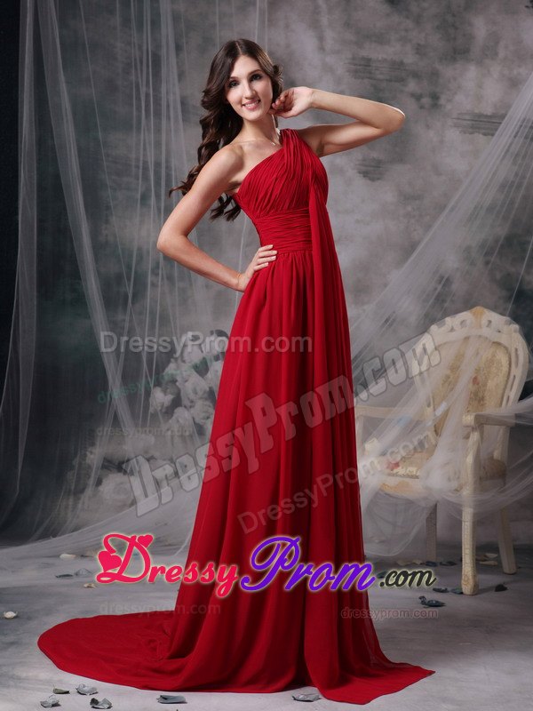 Modern Wine Red One Shoulder Prom Dress Brush Train Chiffon