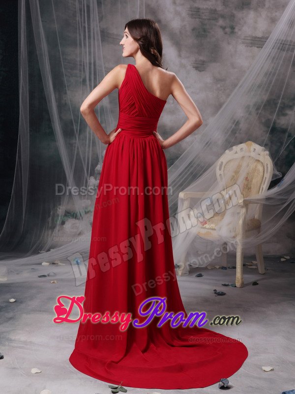 Modern Wine Red One Shoulder Prom Dress Brush Train Chiffon