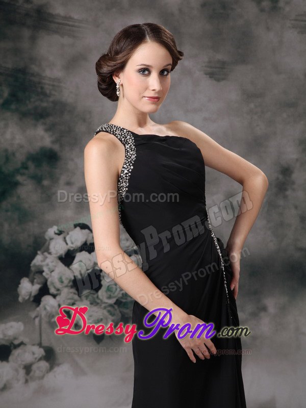 Romantic Beaded Asymmetrical Shoulder Black Prom Dress with Slit