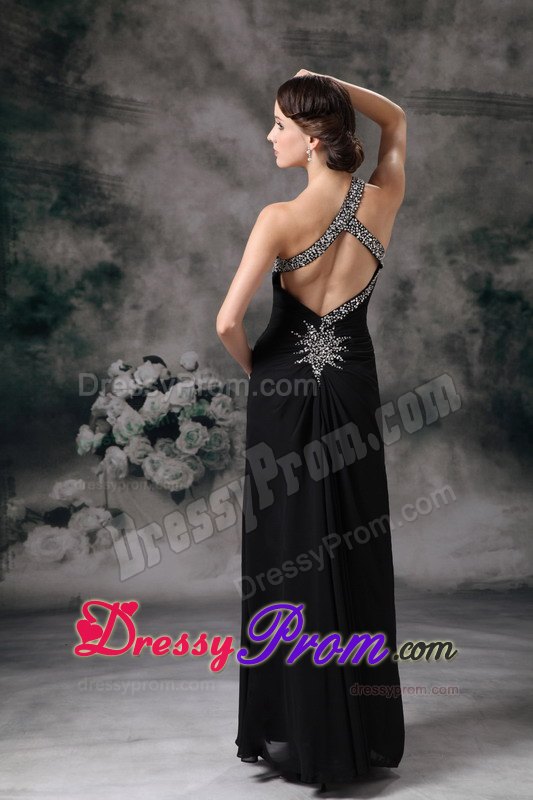 Romantic Beaded Asymmetrical Shoulder Black Prom Dress with Slit
