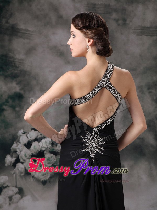 Romantic Beaded Asymmetrical Shoulder Black Prom Dress with Slit