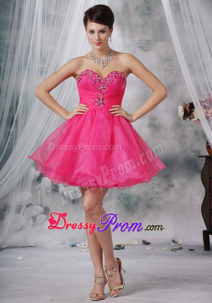 Hot Pink Sweetheart Mini-length Organza Beading Prom Dress 2013