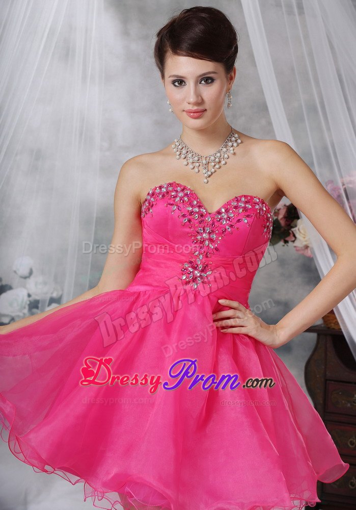 Hot Pink Sweetheart Mini-length Organza Beading Prom Dress 2013