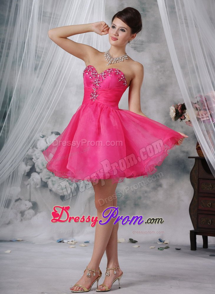 Hot Pink Sweetheart Mini-length Organza Beading Prom Dress 2013