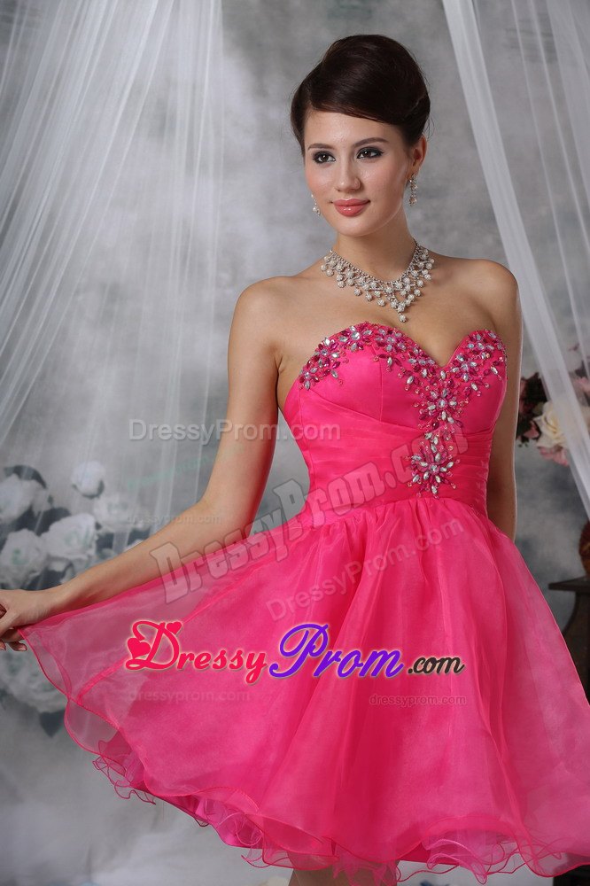 Hot Pink Sweetheart Mini-length Organza Beading Prom Dress 2013