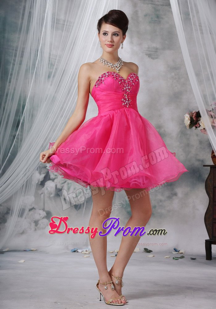 Hot Pink Sweetheart Mini-length Organza Beading Prom Dress 2013
