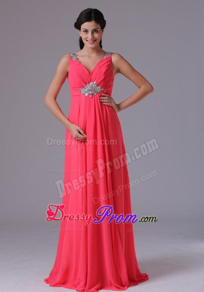 Coral Red V-neck Beading and Ruch Prom Dress on Promotion