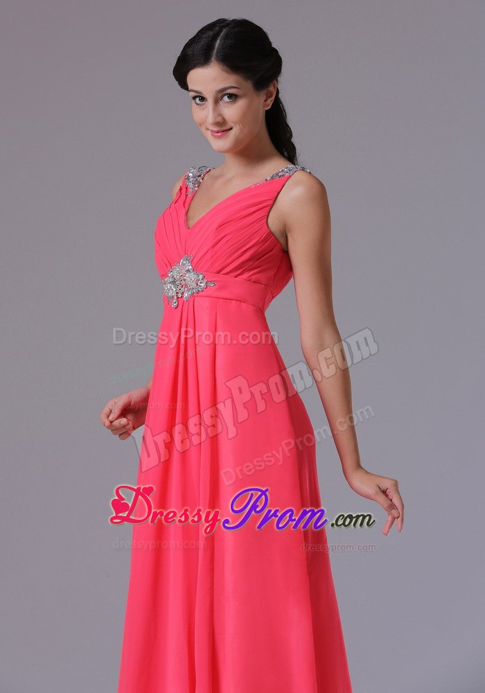 Coral Red V-neck Beading and Ruch Prom Dress on Promotion