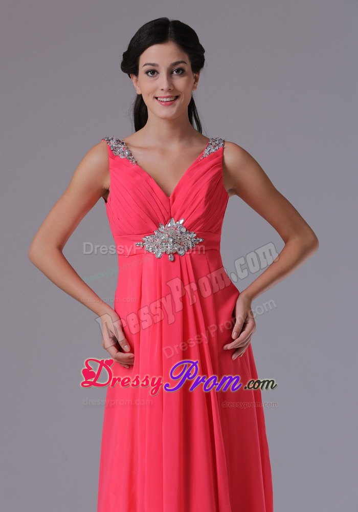 Coral Red V-neck Beading and Ruch Prom Dress on Promotion