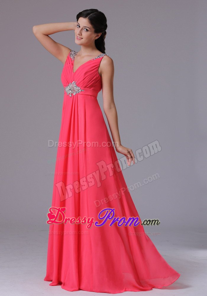 Coral Red V-neck Beading and Ruch Prom Dress on Promotion
