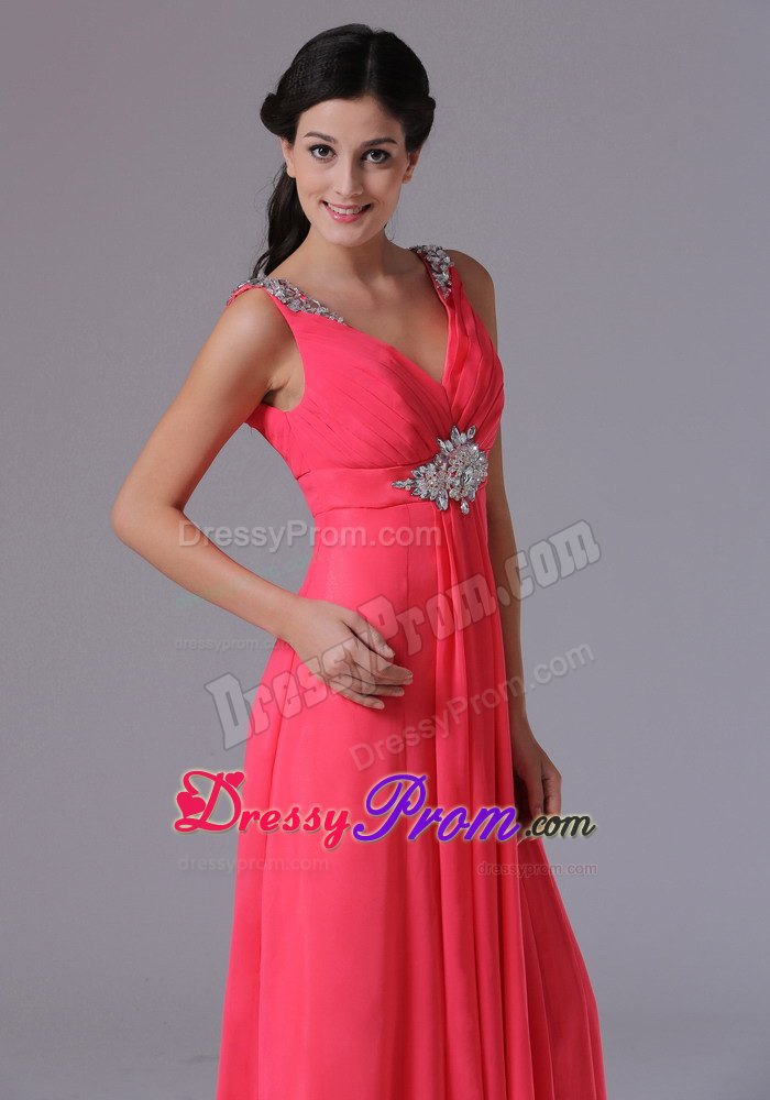 Coral Red V-neck Beading and Ruch Prom Dress on Promotion