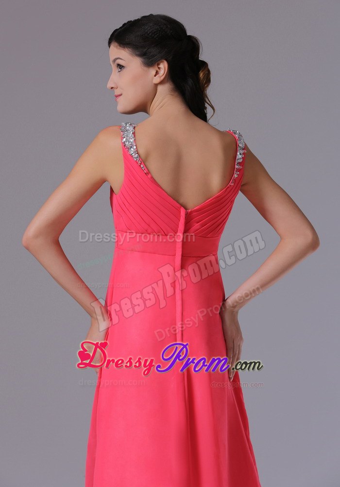Coral Red V-neck Beading and Ruch Prom Dress on Promotion
