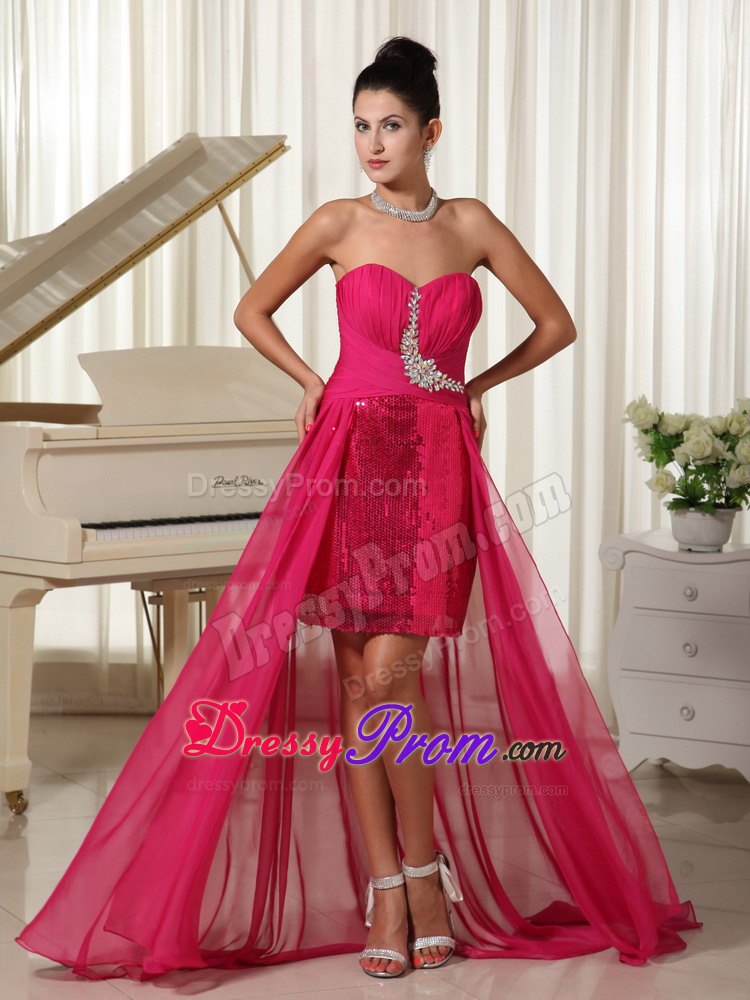 High-low Custom Made Prom Dress Beading Coral Red With Sequin