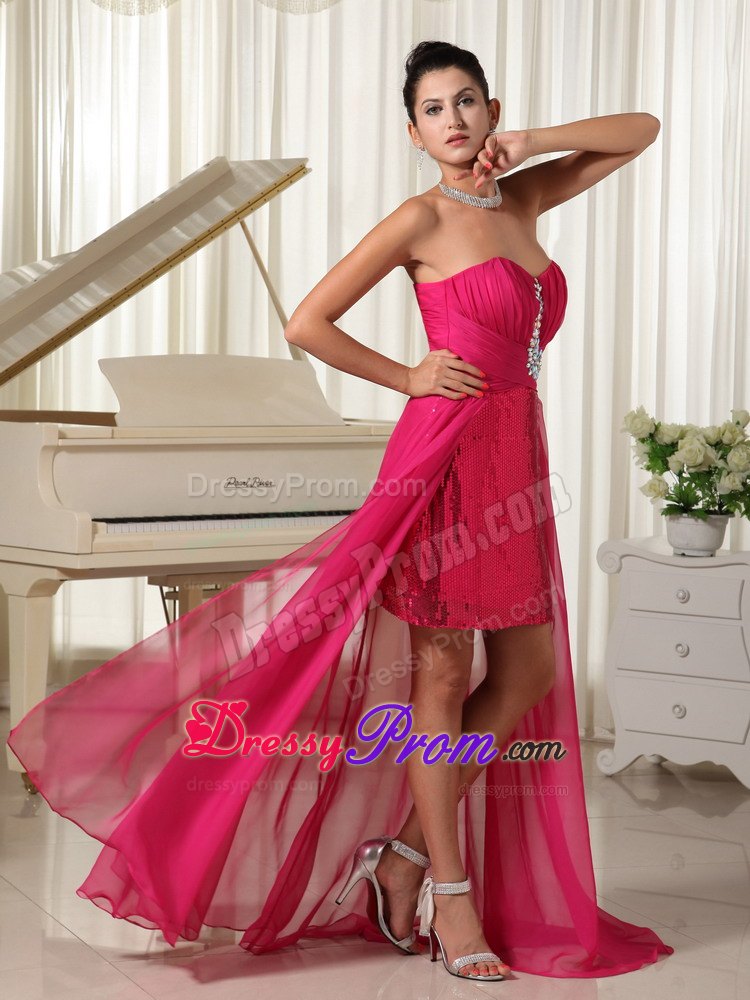 High-low Custom Made Prom Dress Beading Coral Red With Sequin