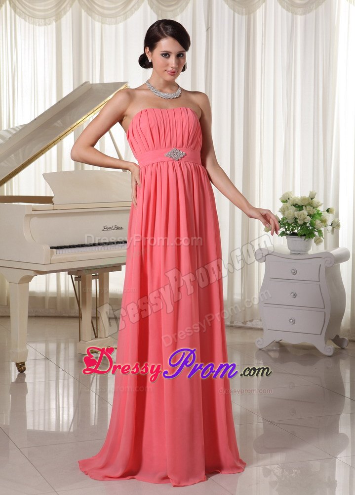 Watermelon Red Chiffon Beaded Ruched Long Prom Dress