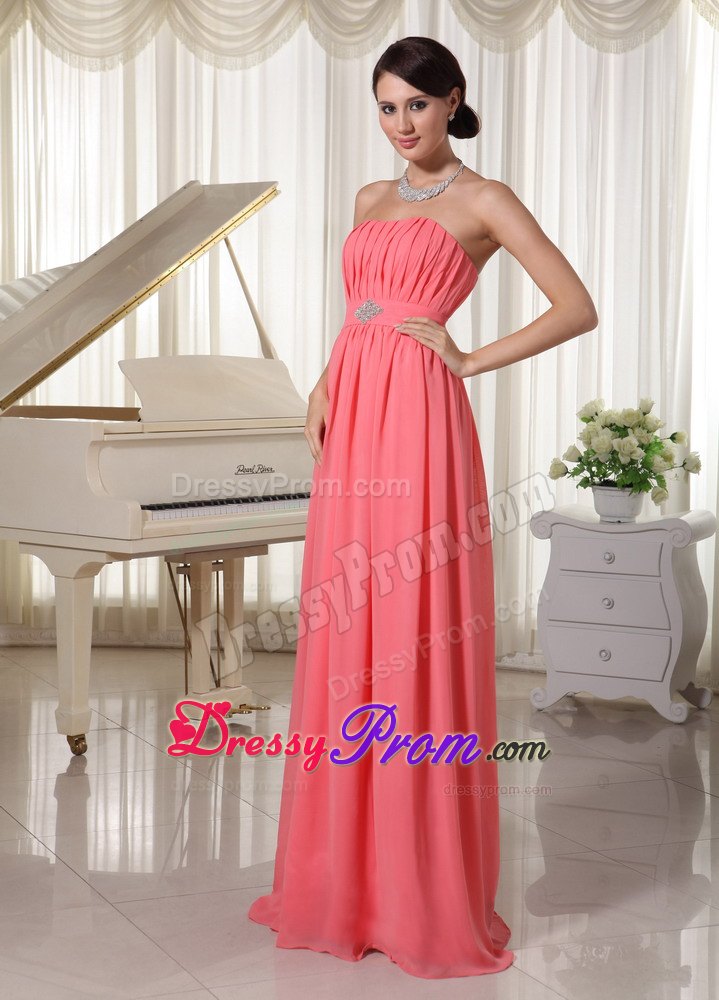 Watermelon Red Chiffon Beaded Ruched Long Prom Dress