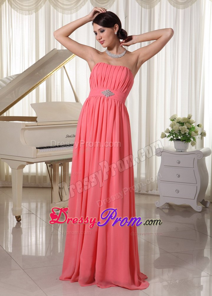 Watermelon Red Chiffon Beaded Ruched Long Prom Dress