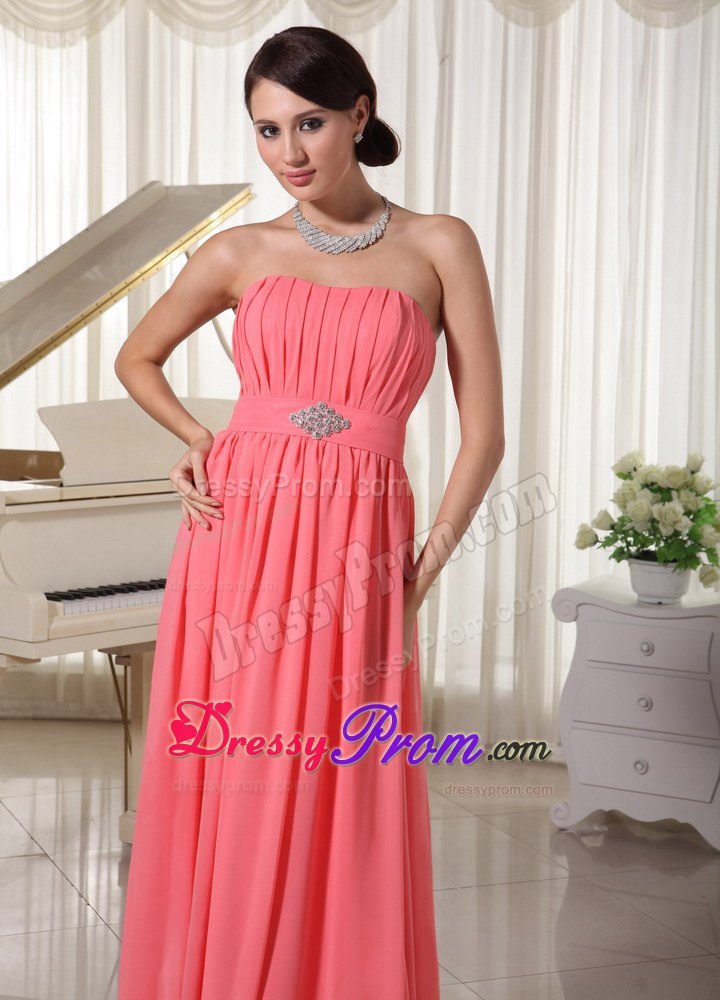 Watermelon Red Chiffon Beaded Ruched Long Prom Dress