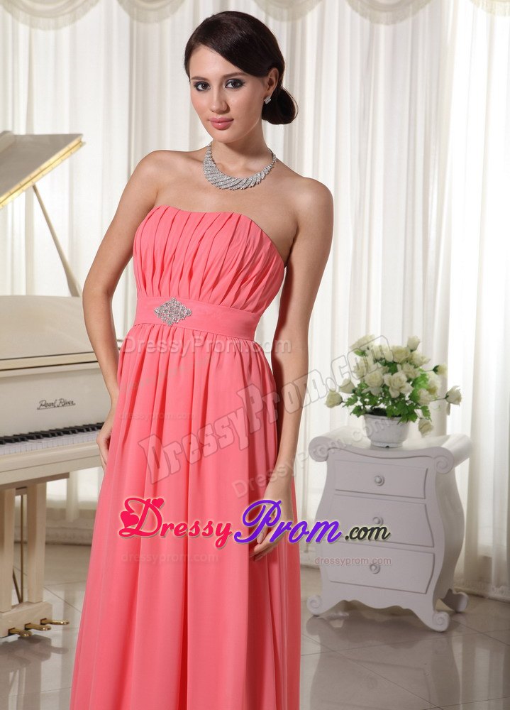 Watermelon Red Chiffon Beaded Ruched Long Prom Dress