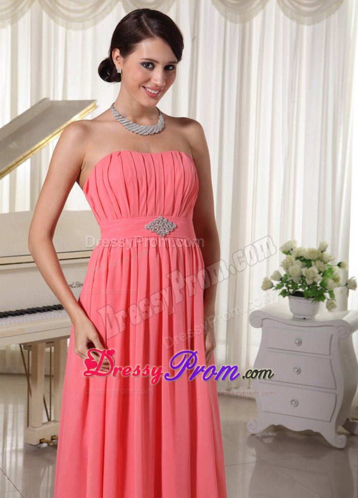 Watermelon Red Chiffon Beaded Ruched Long Prom Dress