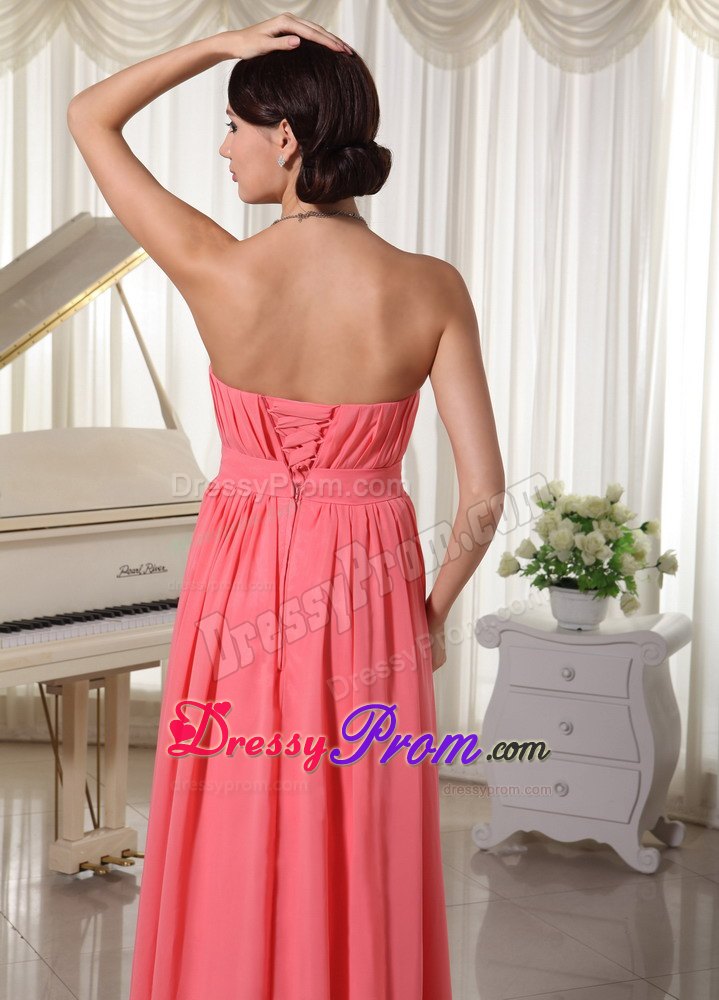 Watermelon Red Chiffon Beaded Ruched Long Prom Dress