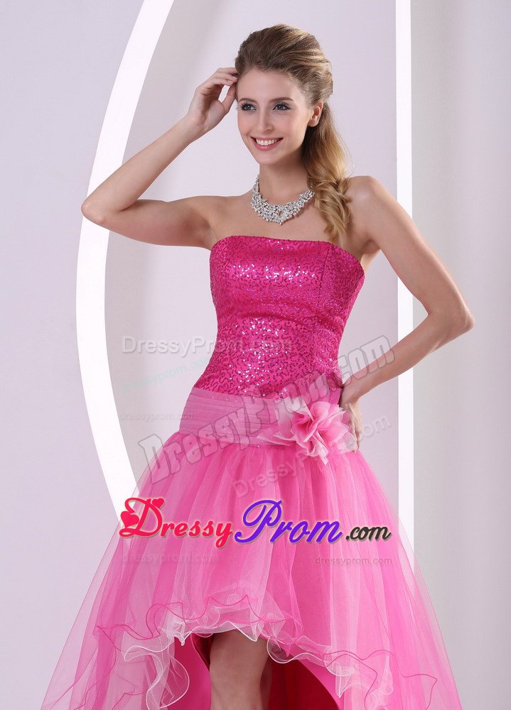 High-low Hot Pink Sequins Hand Flower Prom Celebrity Dress