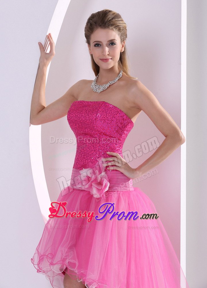 High-low Hot Pink Sequins Hand Flower Prom Celebrity Dress