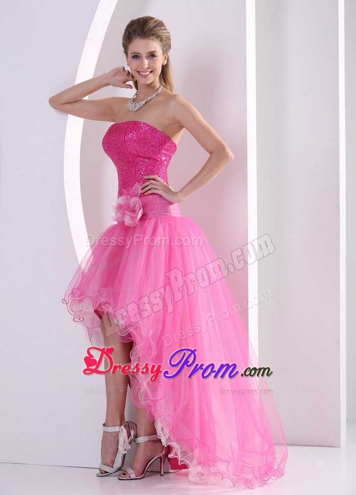 High-low Hot Pink Sequins Hand Flower Prom Celebrity Dress